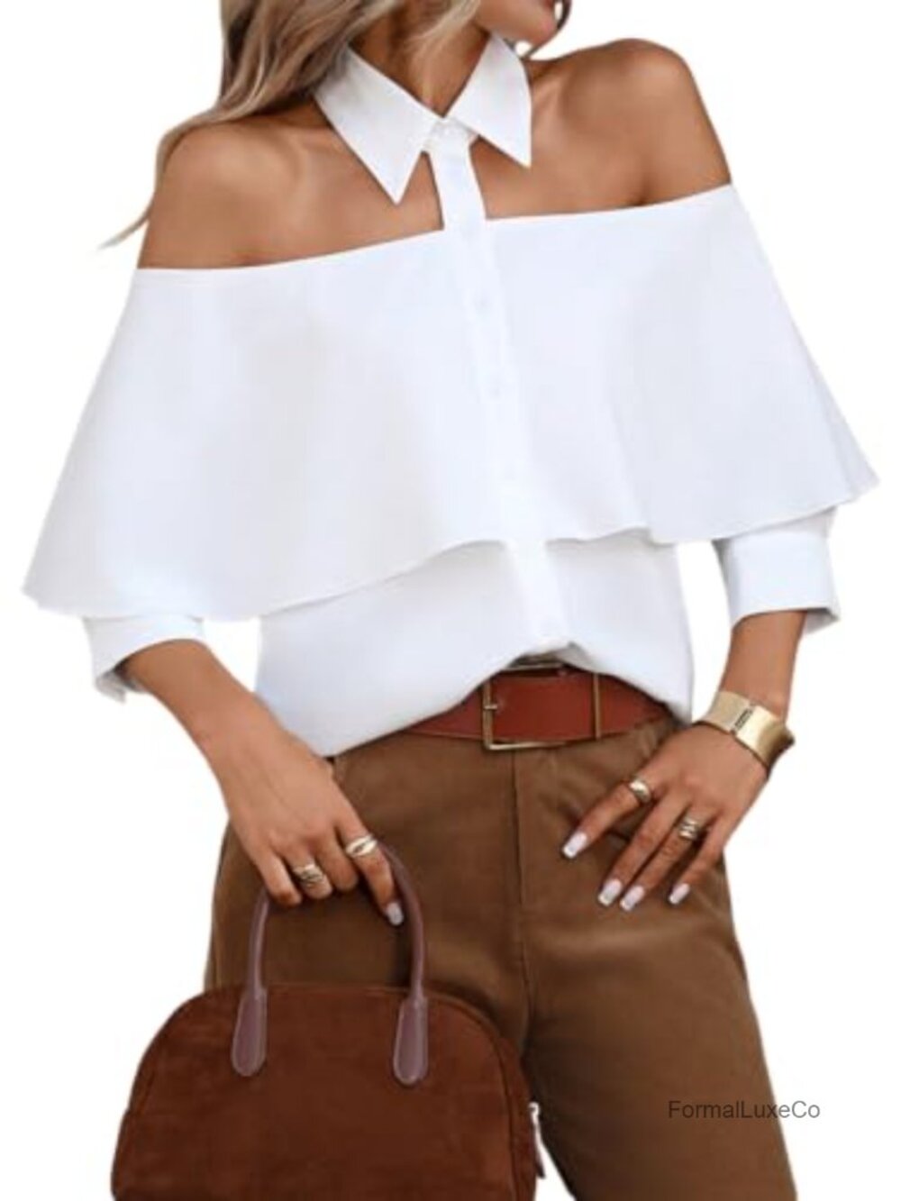 Off Shoulder Button Down Blouse Ruffle Sleeve Top